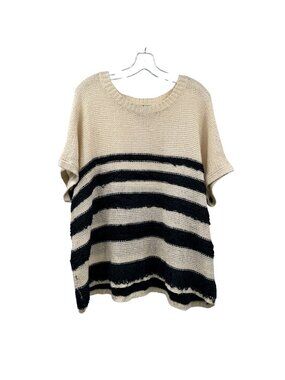 Very J Womens Oversized Open Knit Sweater Short Sleeve Tan/Navy Stripe Medium